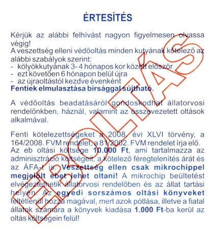 Értesítés: a veszettség elleni védőoltás szabályai, „Eboltás” bélyegzővel