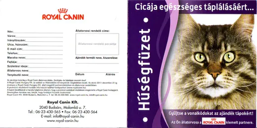 Royal Canin hűségfüzet (macska) – termékismertető, 1. oldal