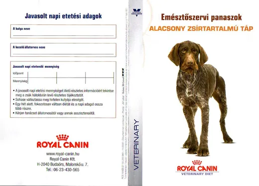 Royal Canin emésztőszervi panaszok – alacsony zsírtartalmú táp (kutya) – termékismertető, 1. oldal